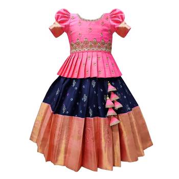 Pink & Navy Blue Designer Jacquard Pavadai Set for Girls 1