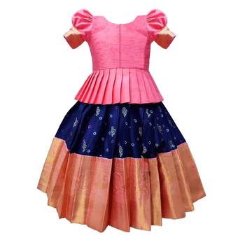Pink & Navy Blue Designer Jacquard Pavadai Set for Girls 2