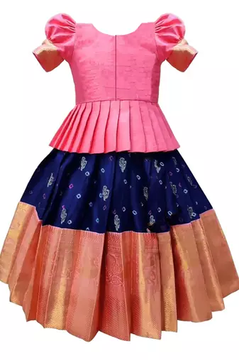 Pink & Navy Blue Designer Jacquard Pavadai Set for Girls