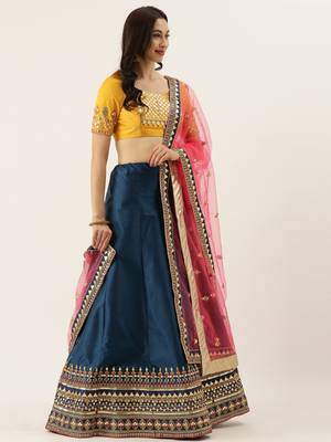 Navy Blue Colour Satin Silk A-line Semi-Stitched Lehenga & Unstitched Blouse With Dupatta 7
