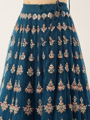 Teal Colour Net With Miror Work Semi-Stitched Lehenga & Unstitched Blouse With Dupatta 8
