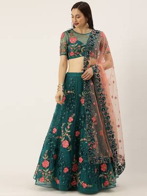 Teal  Embroidered Net Semi-Stitched Lehenga & Unstitched Blouse With Dupatta 5