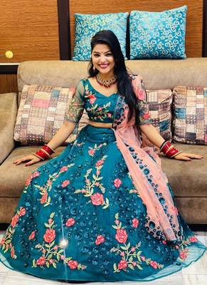Teal  Embroidered Net Semi-Stitched Lehenga & Unstitched Blouse With Dupatta 6