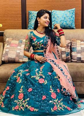 Teal  Embroidered Net Semi-Stitched Lehenga & Unstitched Blouse With Dupatta 8