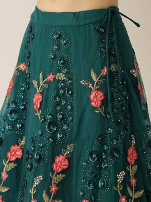 Teal  Embroidered Net Semi-Stitched Lehenga & Unstitched Blouse With Dupatta 9
