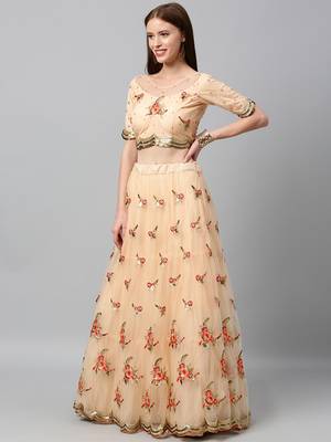 Peach Coloured Sequinned  Embroidered Semi-Stitched Lehenga & Unstitched Blouse With Dupatta 4