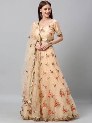 Peach Coloured Sequinned  Embroidered Semi-Stitched Lehenga & Unstitched Blouse With Dupatta 6
