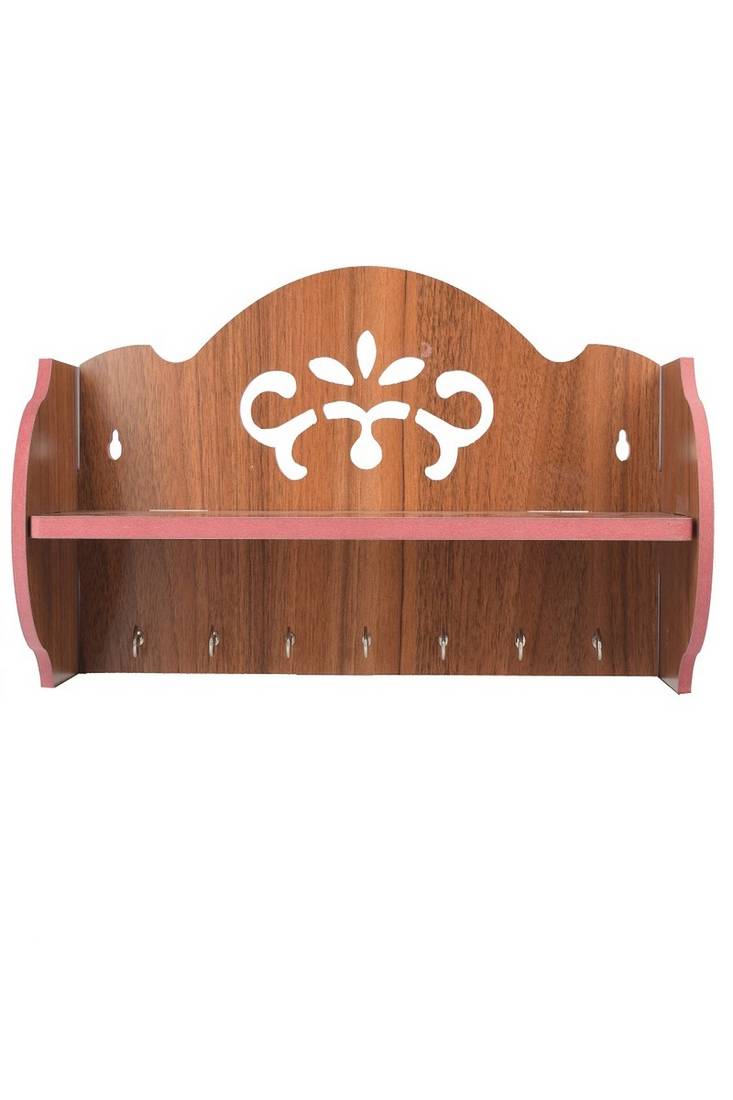 Wooden Brown 7 Hook Key Holder With Shelf