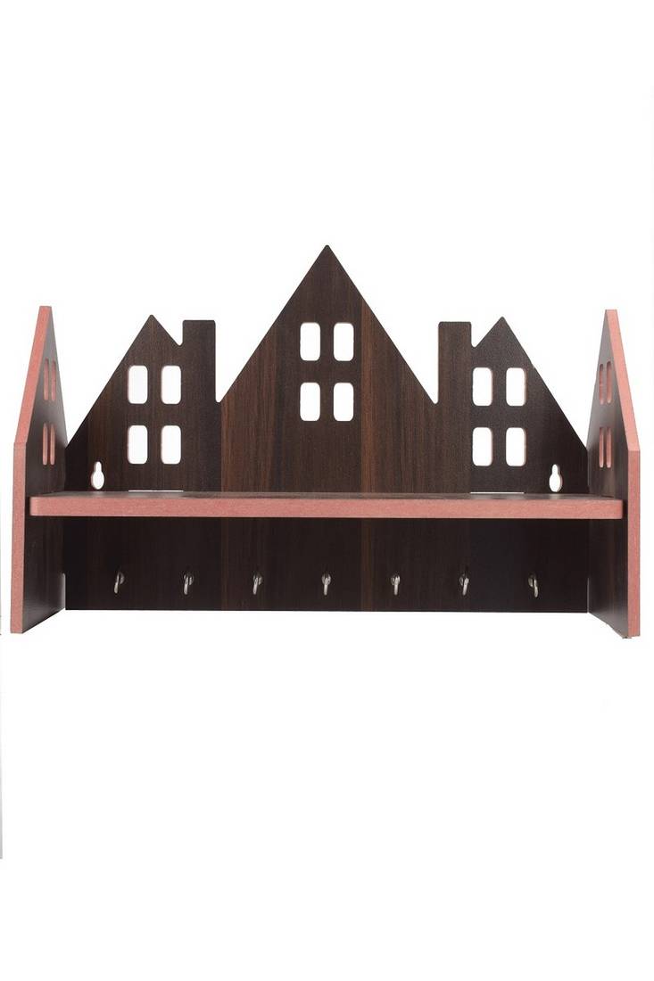 Wooden Dark Brown 7 Hook Key Holder With Shelf