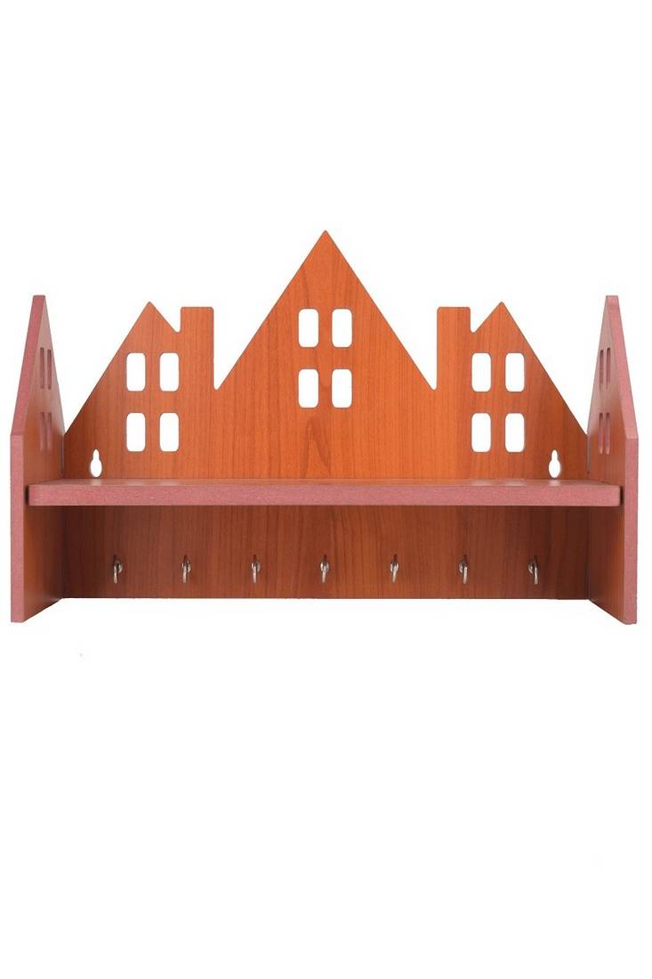 Wooden Brown 7 Hook Key Holder With Shelf