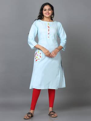 Hassu's women sky blue 3/4 sleeve cotton solid straight calf length kurta 1