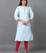 Hassu's women sky blue 3/4 sleeve cotton solid straight calf length kurta