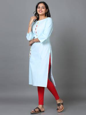 Hassu's women sky blue 3/4 sleeve cotton solid straight calf length kurta 2