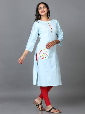 Hassu's women sky blue 3/4 sleeve cotton solid straight calf length kurta 3