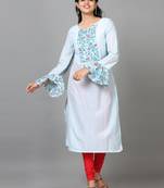Hassu's women sky blue full sleeve cotton printed straight calf length kurta
