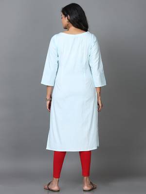 Hassu's women sky blue 3/4 sleeve cotton solid straight calf length kurta 4