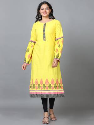 Hassu's women yellow full sleeve cotton solid straight calf length kurta 1