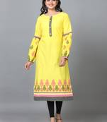 Hassu's women yellow full sleeve cotton solid straight calf length kurta