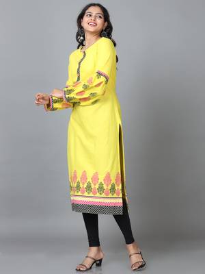 Hassu's women yellow full sleeve cotton solid straight calf length kurta 2