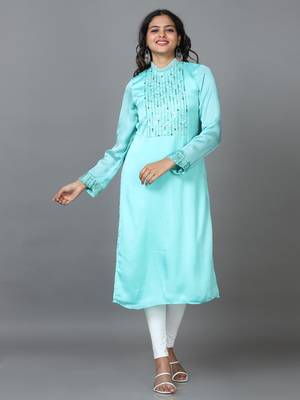 Hassu's women turquoise full sleeve organza solid straight calf length kurta 1