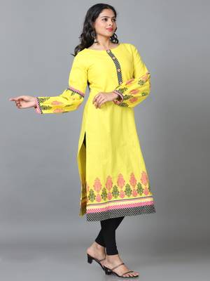 Hassu's women yellow full sleeve cotton solid straight calf length kurta 3
