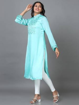 Hassu's women turquoise full sleeve organza solid straight calf length kurta 2
