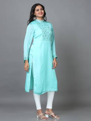 Hassu's women turquoise full sleeve organza solid straight calf length kurta 3