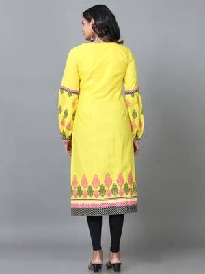 Hassu's women yellow full sleeve cotton solid straight calf length kurta 4