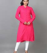 Hassu's women pink full sleeve cotton solid straight calf length kurta