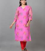 Hassu's women pink 3/4 sleeve organza printed straight calf length kurta