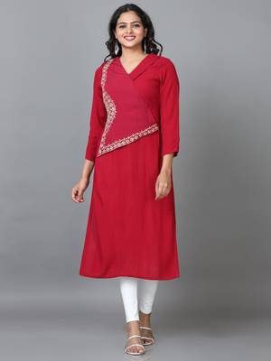 Hassu's women maroon 3/4 sleeve rayon solid straight calf length kurta 1
