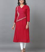 Hassu's women maroon 3/4 sleeve rayon solid straight calf length kurta