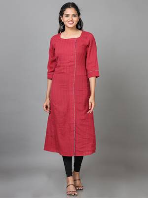 Hassu's women maroon elbow length sleeve cotton solid straight calf length kurta 1