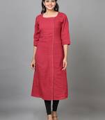 Hassu's women maroon elbow length sleeve cotton solid straight calf length kurta