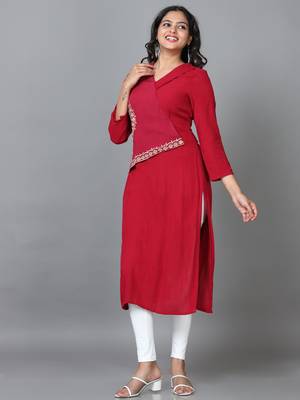 Hassu's women maroon 3/4 sleeve rayon solid straight calf length kurta 2