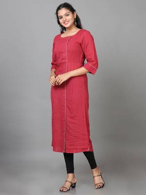 Hassu's women maroon elbow length sleeve cotton solid straight calf length kurta 2