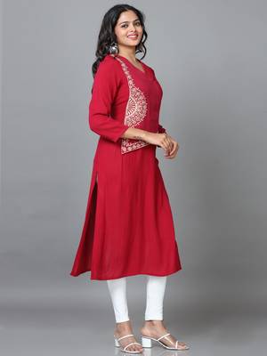 Hassu's women maroon 3/4 sleeve rayon solid straight calf length kurta 3