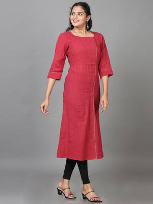 Hassu's women maroon elbow length sleeve cotton solid straight calf length kurta 3