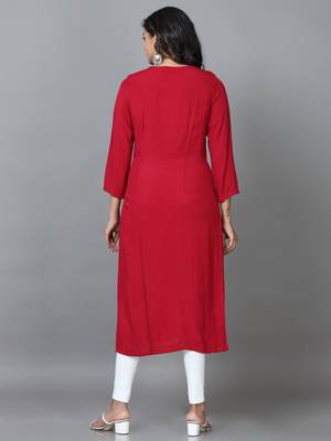 Hassu's women maroon 3/4 sleeve rayon solid straight calf length kurta 4