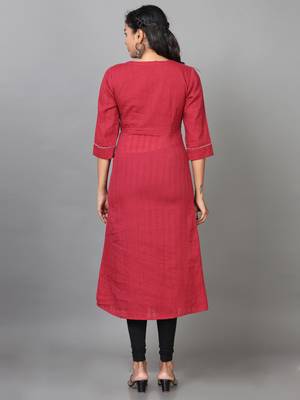 Hassu's women maroon elbow length sleeve cotton solid straight calf length kurta 4