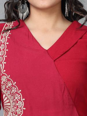 Hassu's women maroon 3/4 sleeve rayon solid straight calf length kurta 5