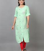 Hassu's women green elbow length sleeve rayon embroidered straight calf length kurta