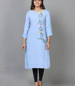 Hassu's women blue 3/4 sleeve cotton embroidered straight calf length kurta