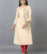 Hassu's women cream 3/4 sleeve cotton embroidered straight calf length kurta