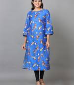 Hassu's women blue 3/4 sleeve crepe printed straight calf length kurta