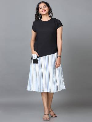 Hassu's women black short sleeve cotton striped straight calf length kurta 1