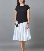 Hassu's women black short sleeve cotton striped straight calf length kurta