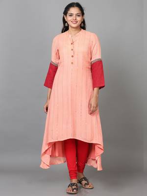 Hassu's women peach 3/4 sleeve rayon embroidered a-line calf length kurta 1