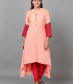 Hassu's women peach 3/4 sleeve rayon embroidered a-line calf length kurta