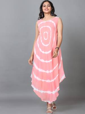 Hassu's women peach sleeveless georgette printed a-line ankle length kurta 1